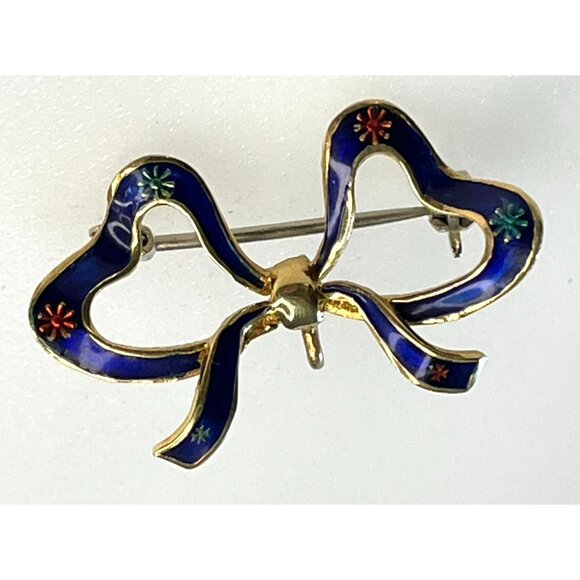 Vintage 18K Gold Bow Brooch With Enamel Flower Design Made In Italy - Picture 1 of 16